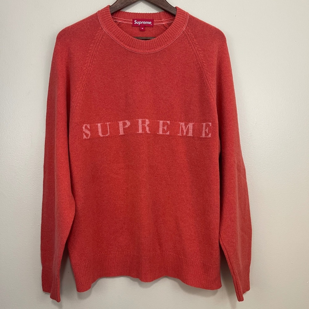 Supreme Stone Washed‎ Sweater Mens Medium Wool Knit Red Logo Crew Neck Pullover